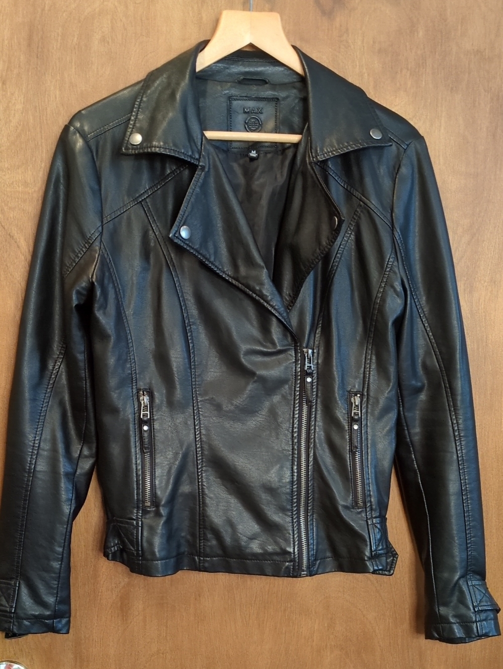 Max Studio Black Faux Leather Moto Jacket with Zip Pockets Size M